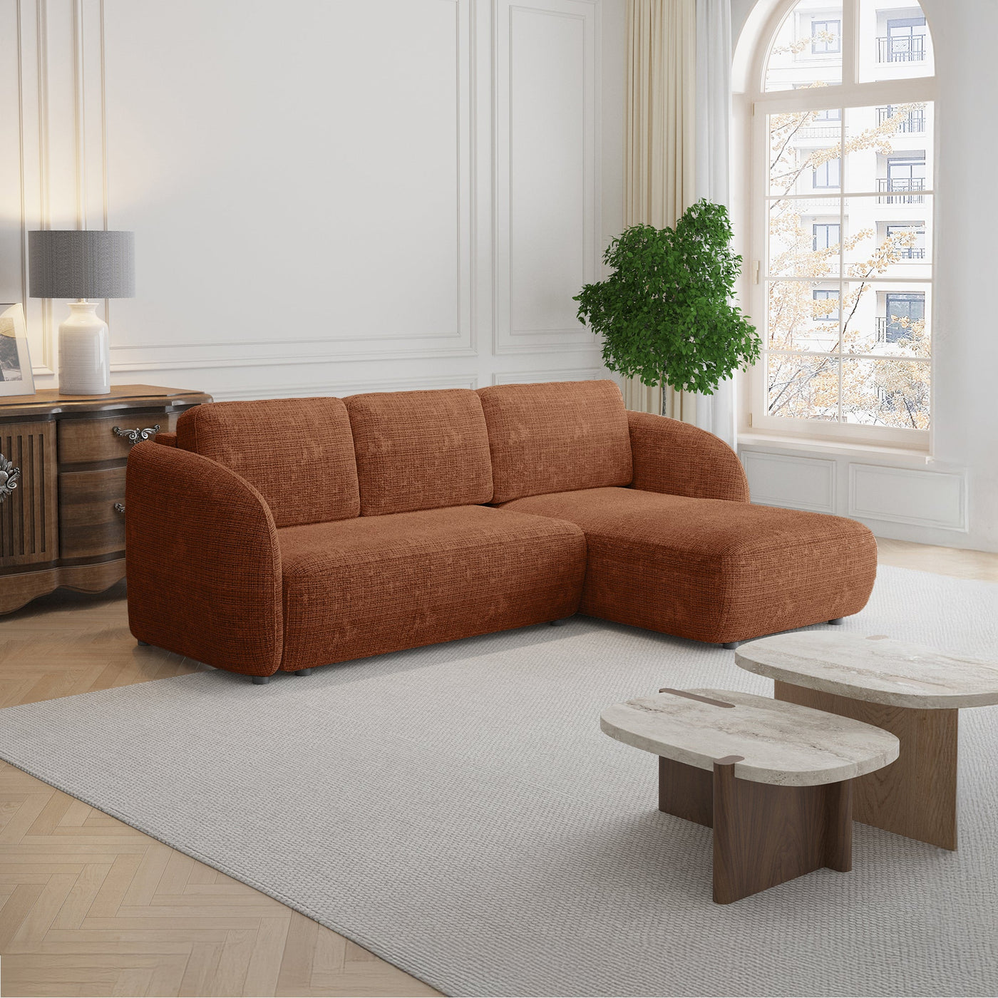 ALANYA Canapé d'angle convertible avec coffre en tissu orange - Angle droit - Canapé d'angle convertible - Mobilier Deco