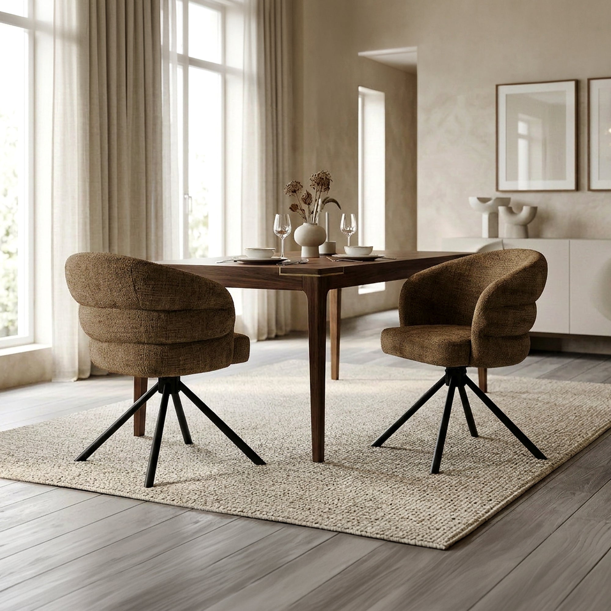 ALBANE Lot de 2 chaises pivotantes en tissu vert olive pieds en métal noir - Chaise de repas - Mobilier Deco