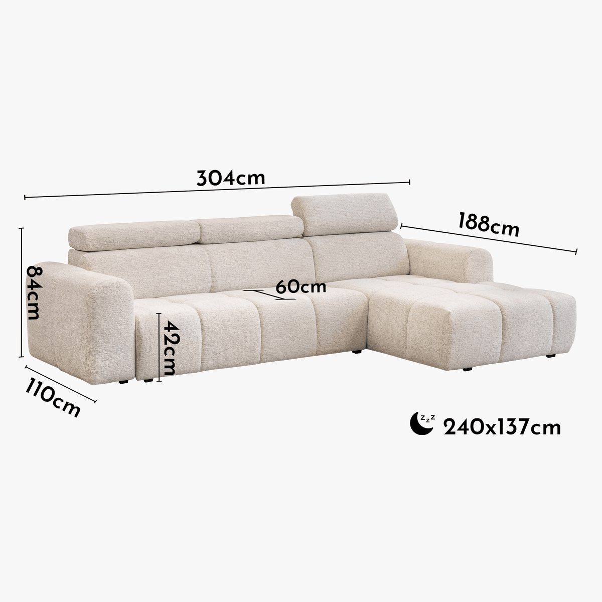 ALEXIA Canapé d'angle convertible avec têtières relevables en tissu beige - Angle droit - Canapé d'angle convertible - Mobilier Deco