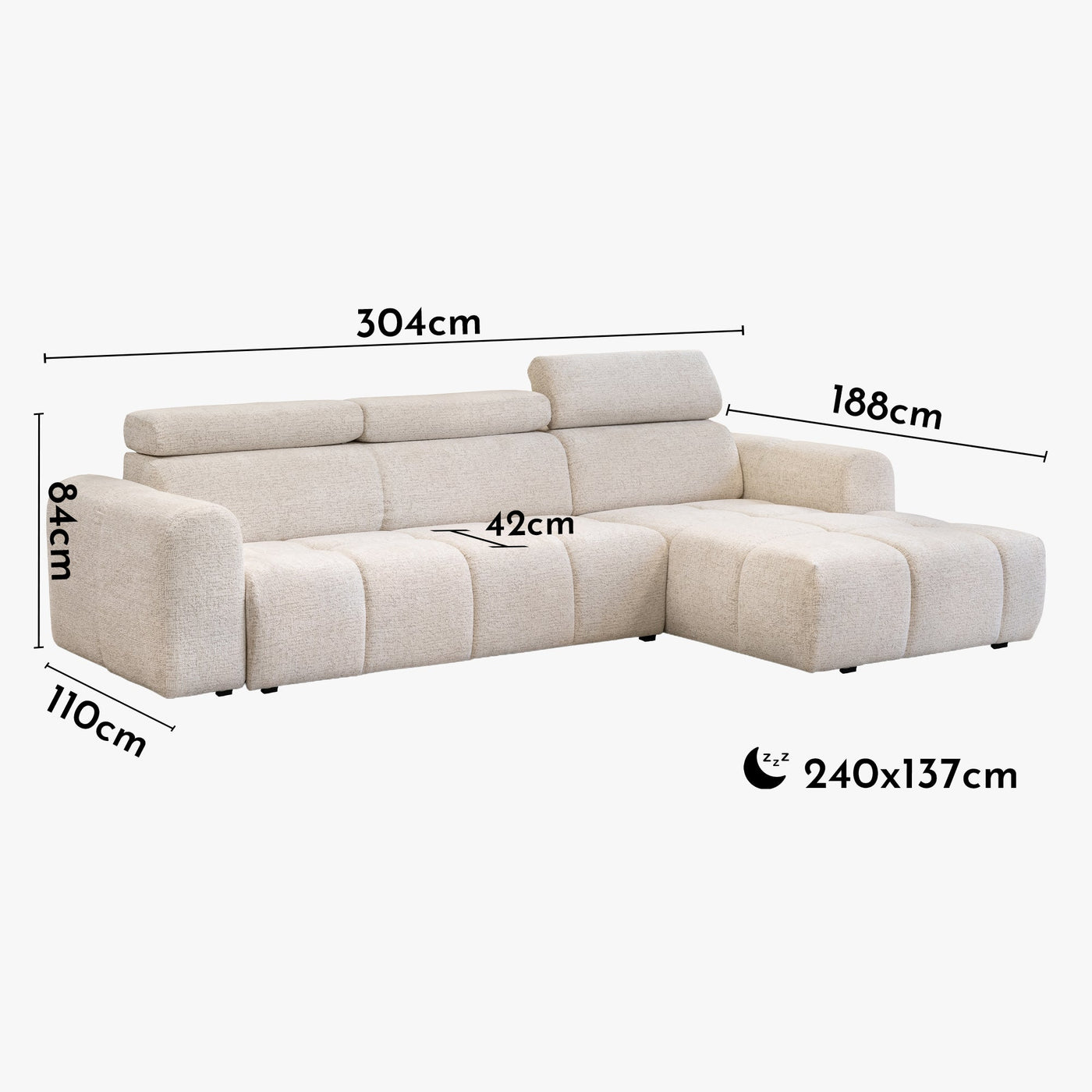 ALEXIA Canapé d'angle convertible avec têtières relevables en tissu beige - Angle droit - Canapé d'angle convertible - Mobilier Deco