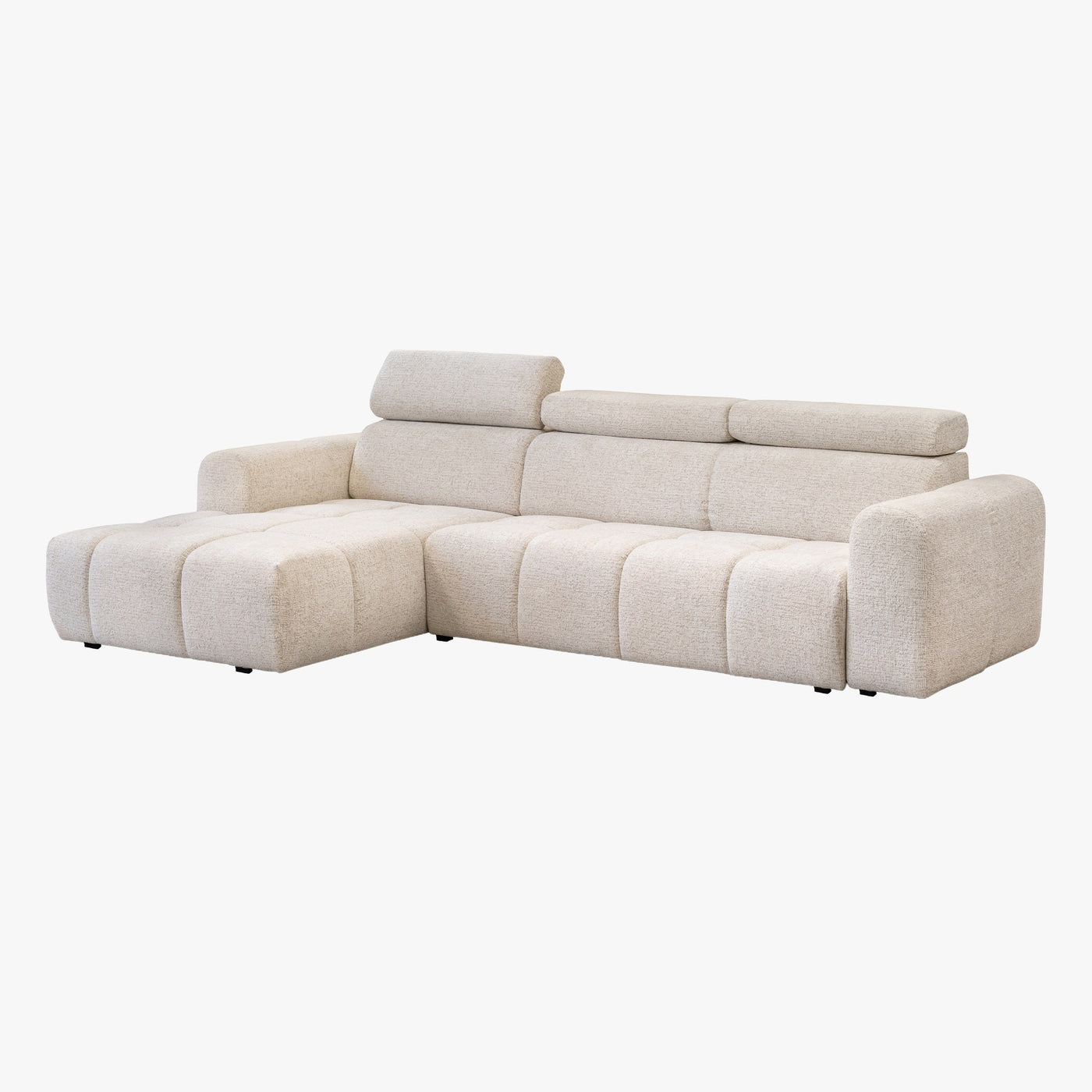 ALEXIA Canapé d'angle convertible avec têtières relevables en tissu beige - Angle gauche - Canapé d'angle convertible - Mobilier Deco
