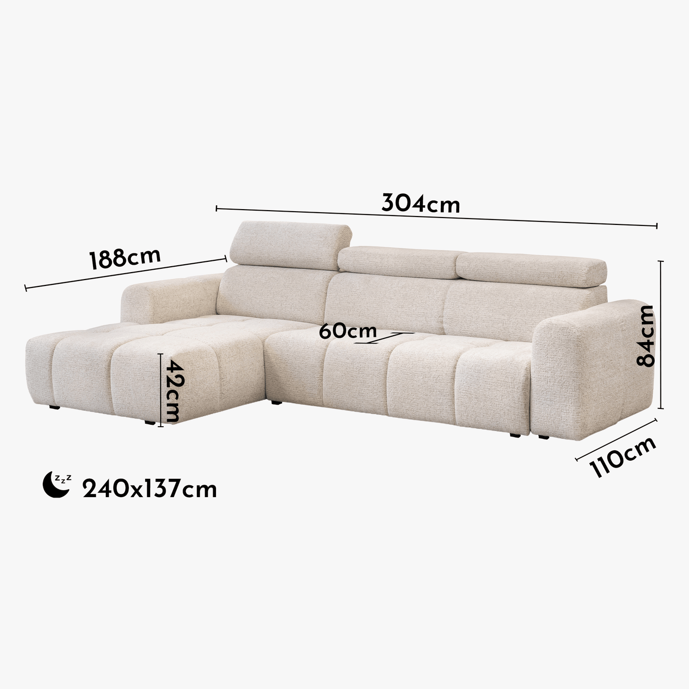ALEXIA Canapé d'angle convertible avec têtières relevables en tissu beige - Angle gauche - Canapé d'angle convertible - Mobilier Deco