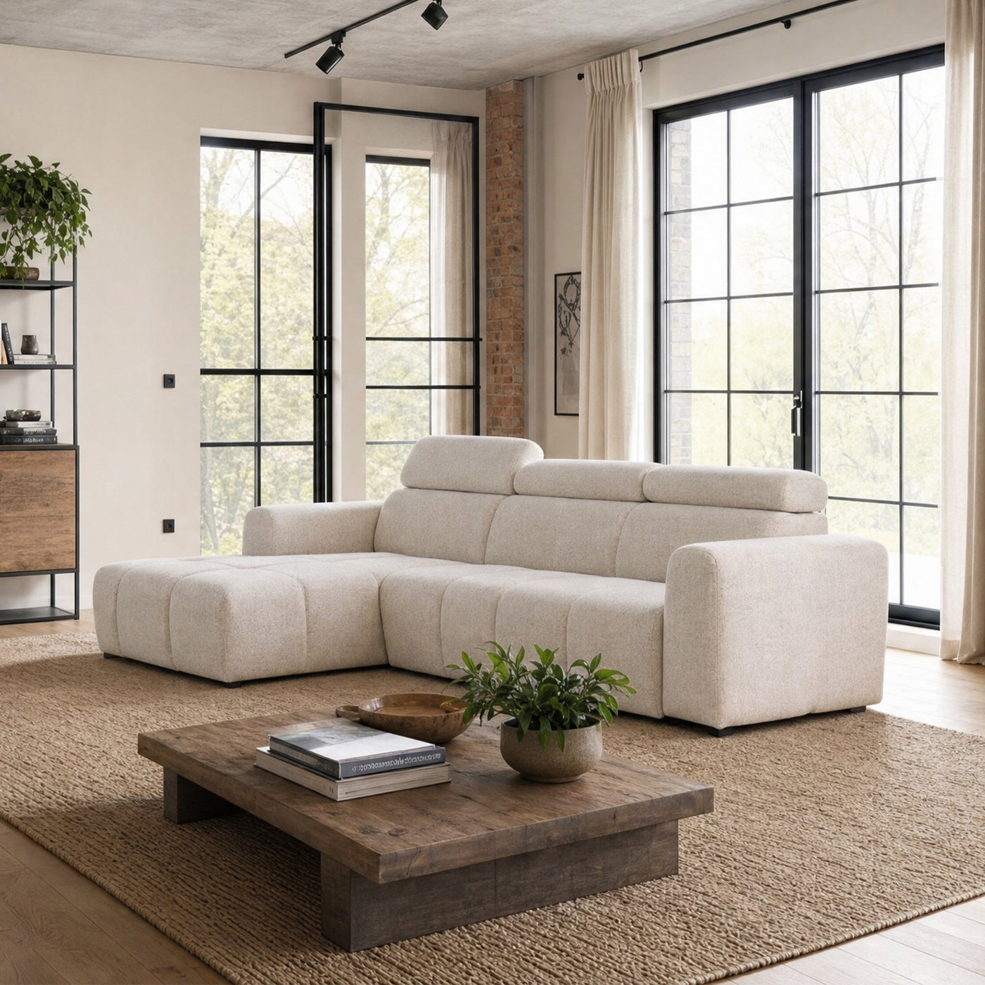 ALEXIA Canapé d'angle convertible avec têtières relevables en tissu beige - Angle gauche - Canapé d'angle convertible - Mobilier Deco