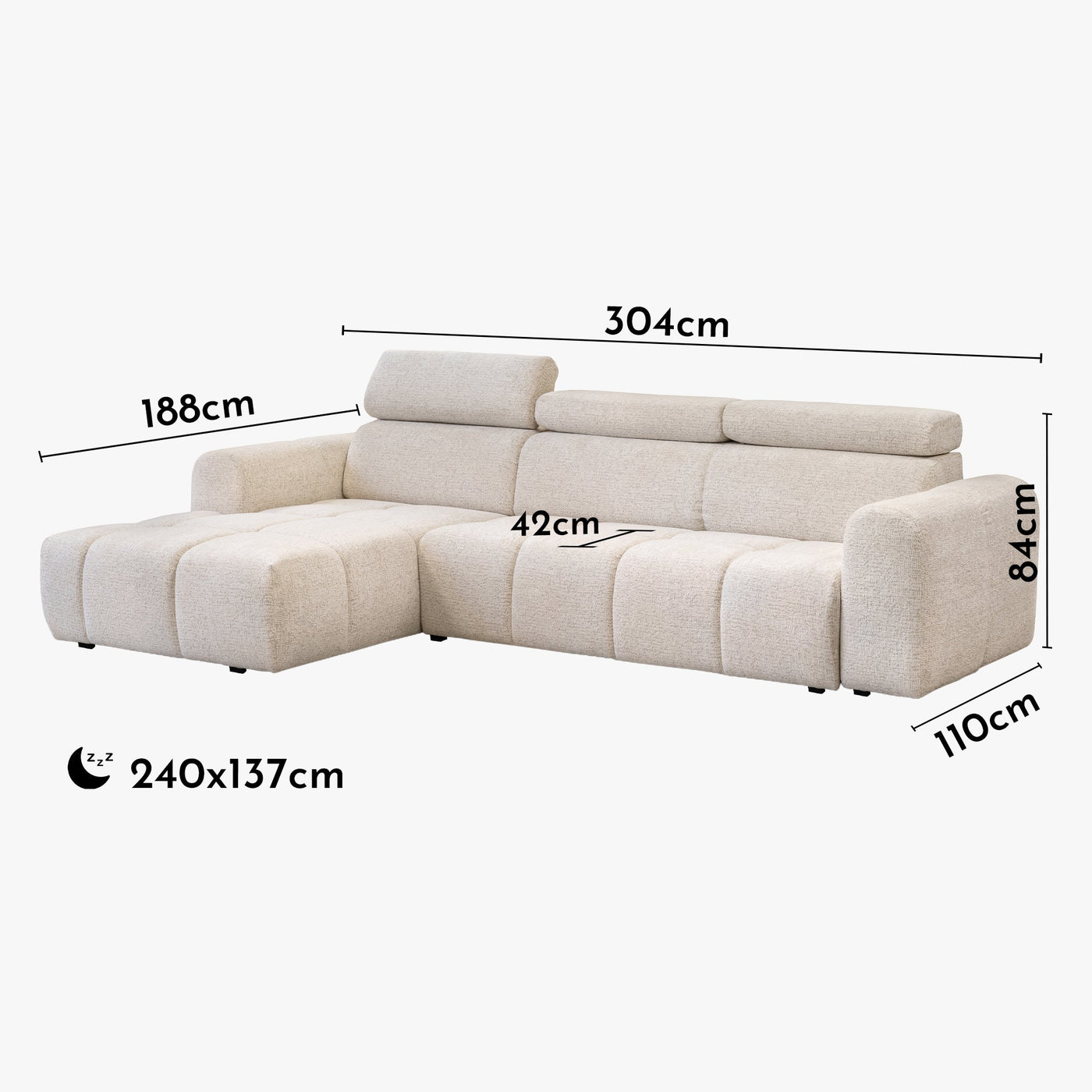 ALEXIA Canapé d'angle convertible avec têtières relevables en tissu beige - Angle gauche - Canapé d'angle convertible - Mobilier Deco