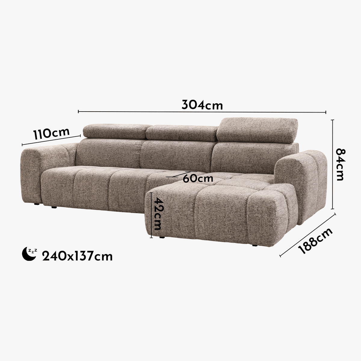 ALEXIA Canapé d'angle convertible avec têtières relevables en tissu taupe - Angle droit - Canapé d'angle convertible - Mobilier Deco