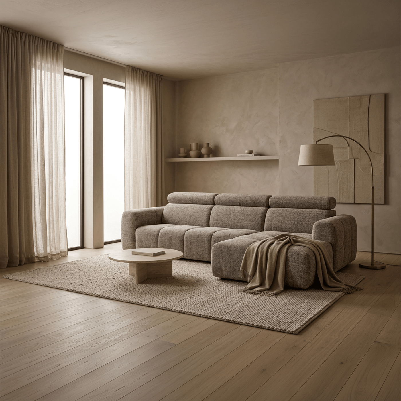 ALEXIA Canapé d'angle convertible avec têtières relevables en tissu taupe - Angle droit - Canapé d'angle convertible - Mobilier Deco