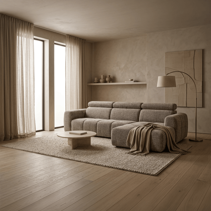 ALEXIA Canapé d'angle convertible avec têtières relevables en tissu taupe - Angle droit