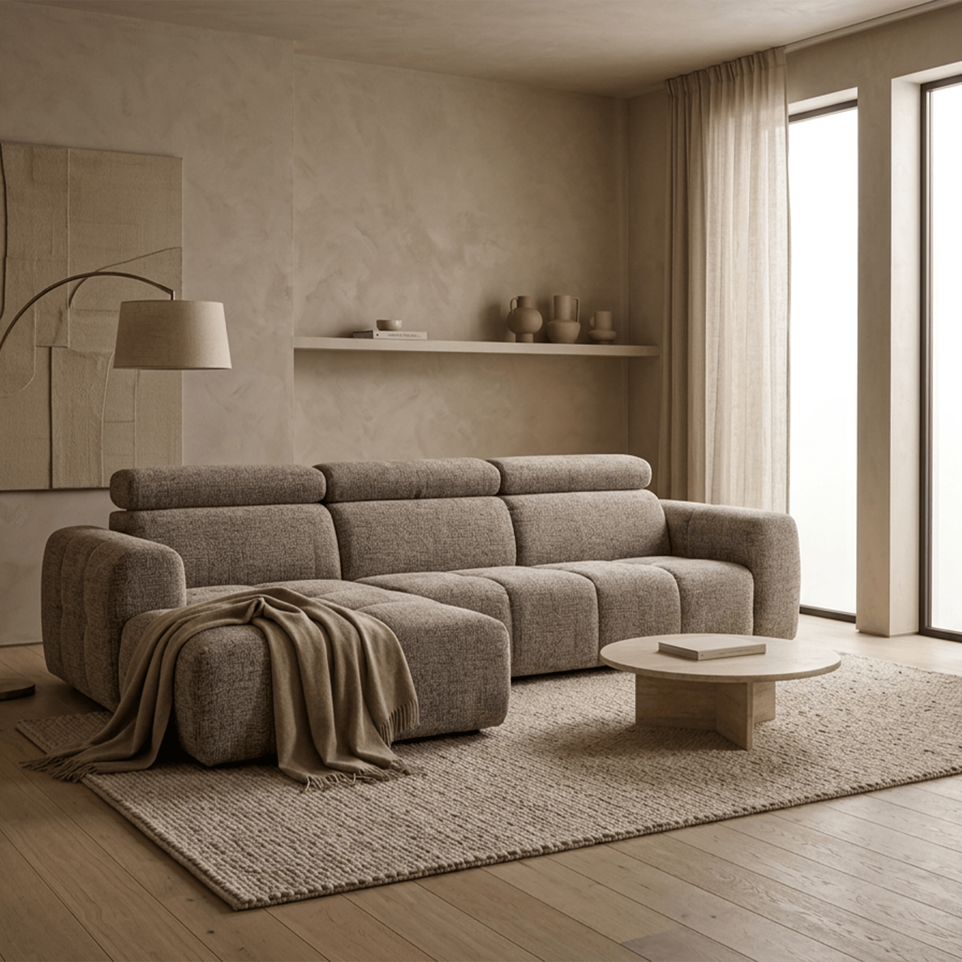 ALEXIA Canapé d'angle convertible avec têtières relevables en tissu taupe - Angle gauche - Canapé d'angle convertible