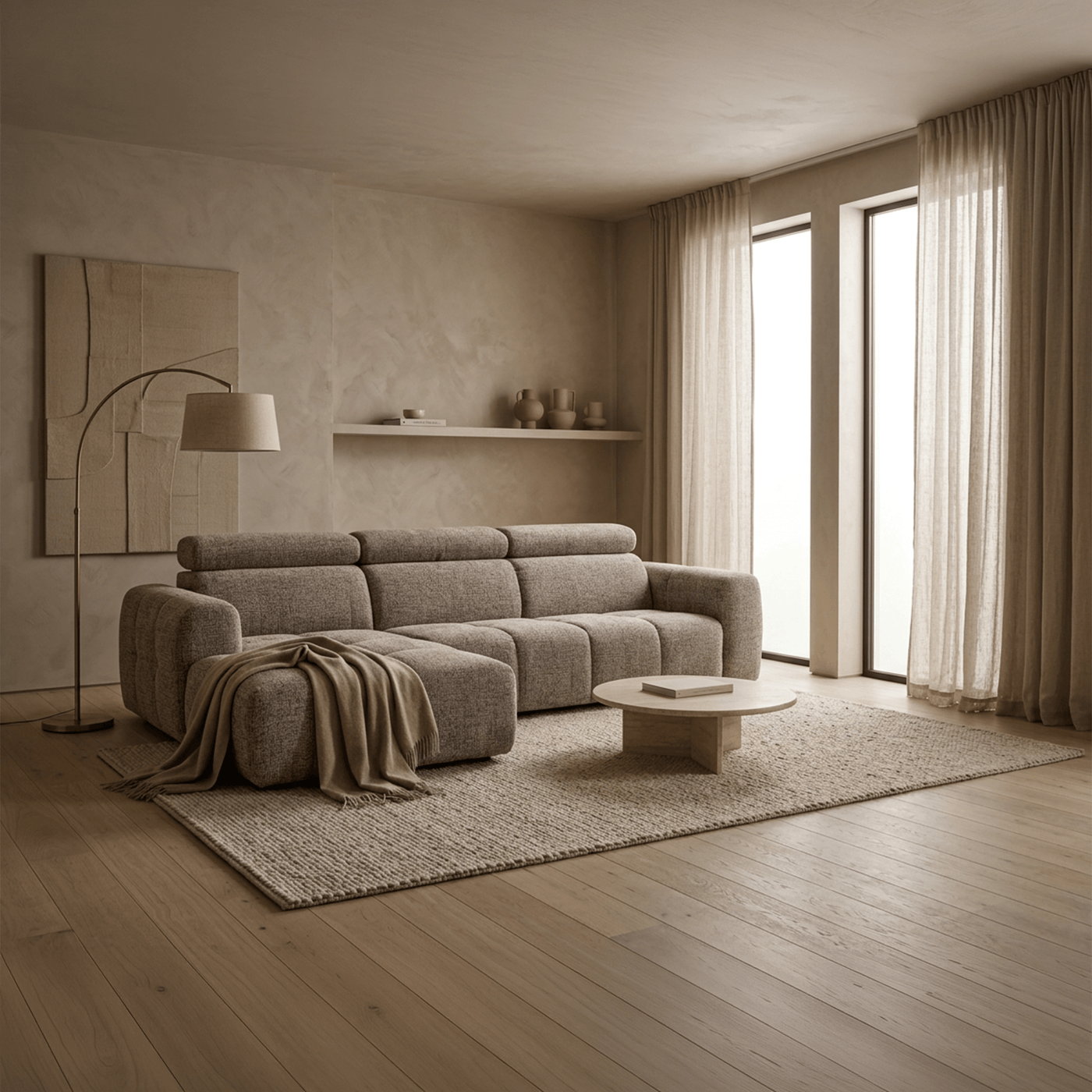 ALEXIA Canapé d'angle convertible avec têtières relevables en tissu taupe - Angle gauche - Canapé d'angle convertible