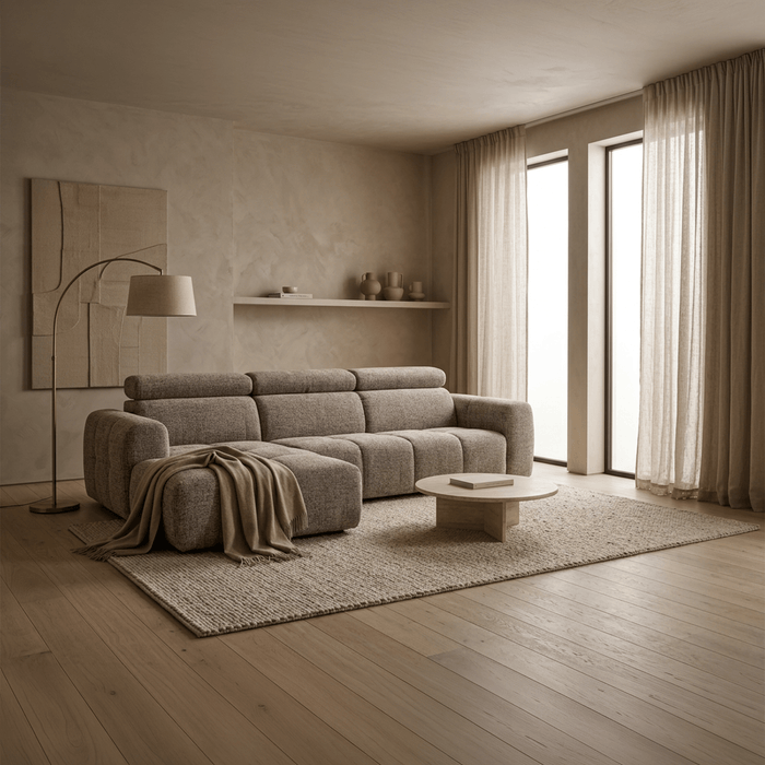 ALEXIA Canapé d'angle convertible avec têtières relevables en tissu taupe - Angle gauche