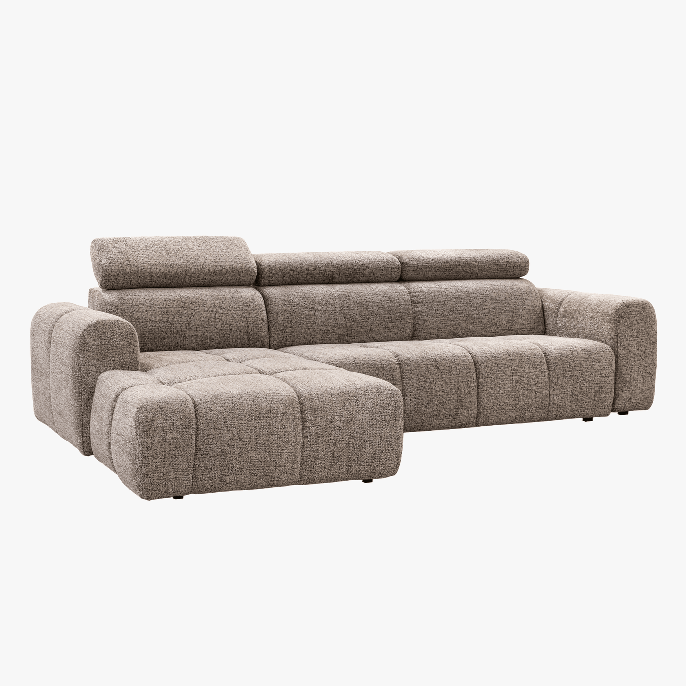 ALEXIA Canapé d'angle convertible avec têtières relevables en tissu taupe - Angle gauche - Canapé d'angle convertible
