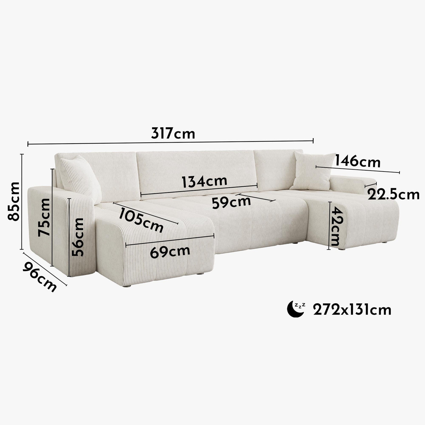 ALICIA Canapé panoramique convertible avec coffre en velours côtelé beige - Canapés panoramiques - Mobilier Deco