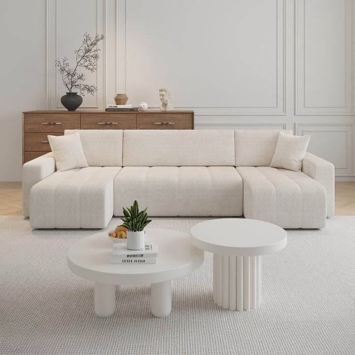 ALICIA Canapé panoramique convertible avec coffre en velours côtelé beige