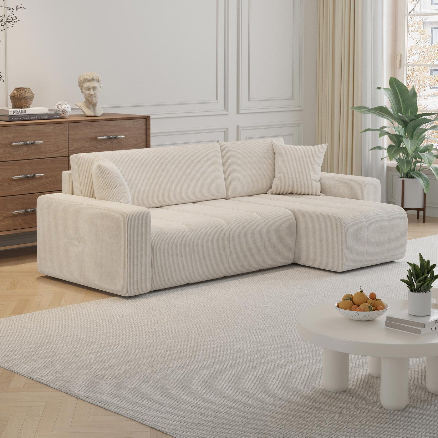 ALICIA MINI Canapé d'angle convertible et réversible avec coffre en velours côtelé beige