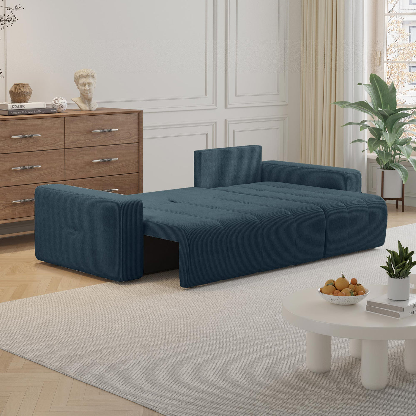 ALICIA MINI Canapé d'angle convertible et réversible avec coffre en velours côtelé bleu