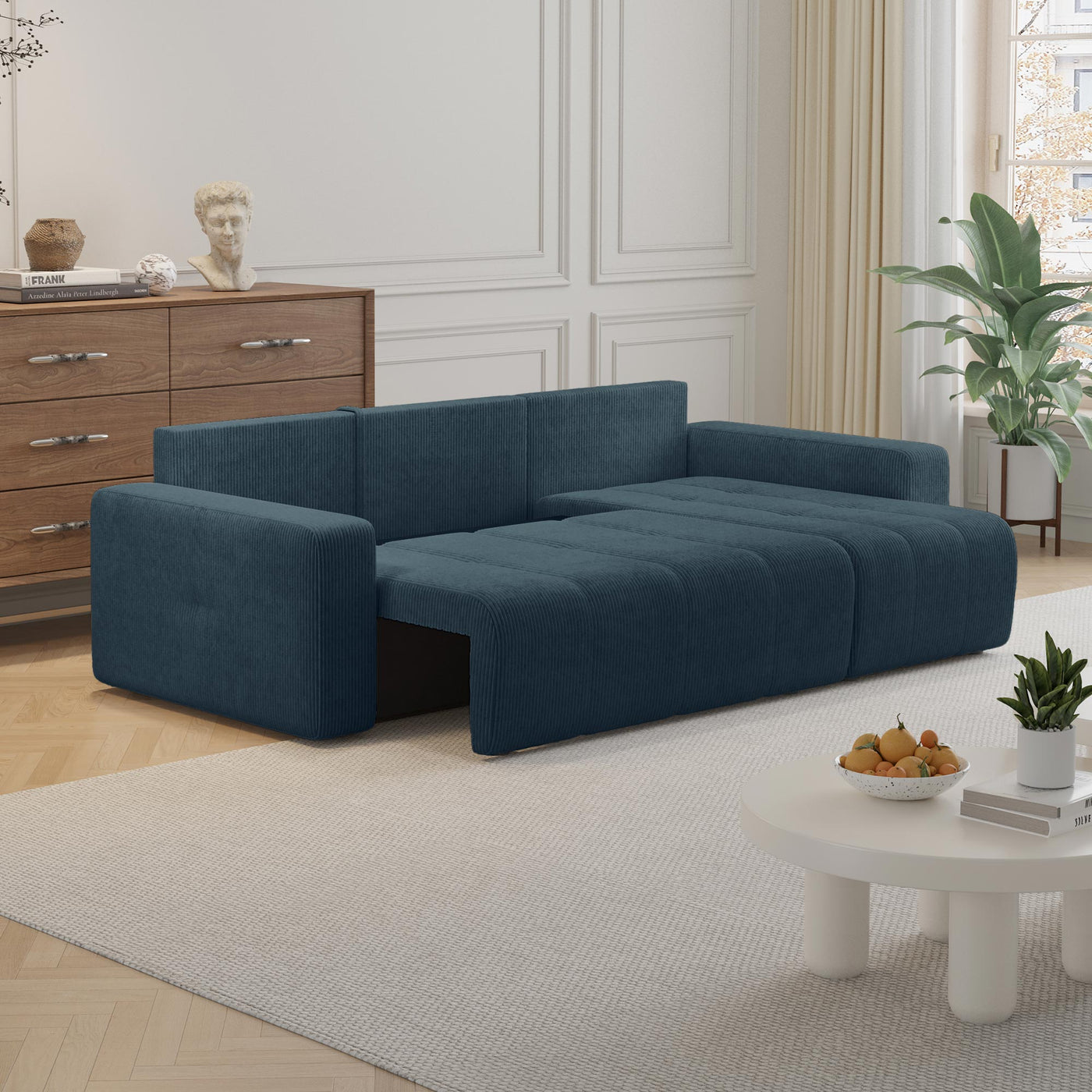 ALICIA MINI Canapé d'angle convertible et réversible avec coffre en velours côtelé bleu