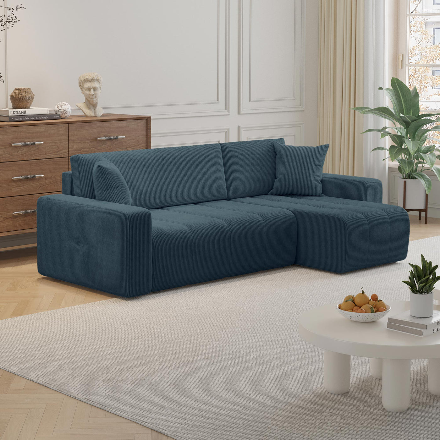 ALICIA MINI Canapé d'angle convertible et réversible avec coffre en velours côtelé bleu