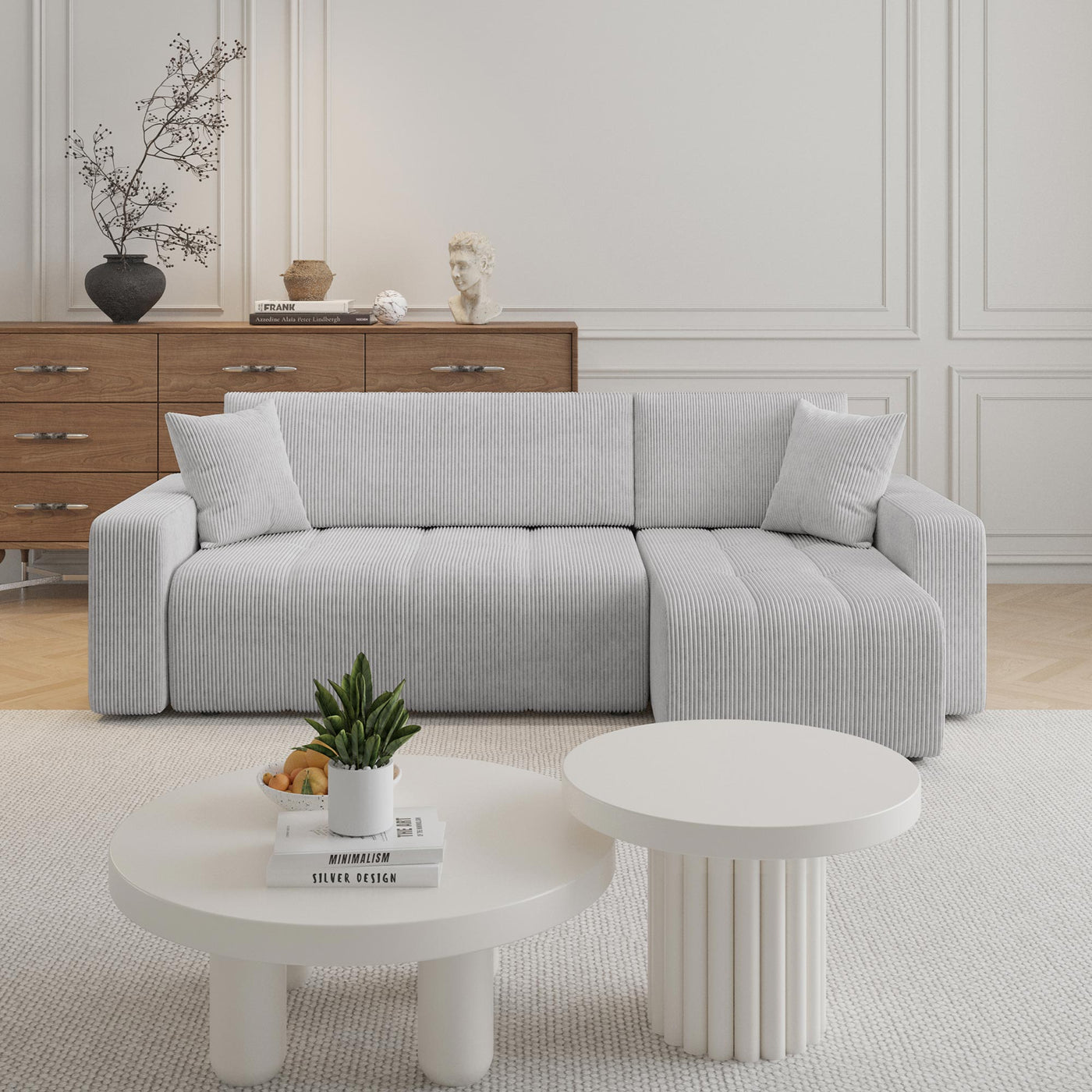 ALICIA MINI Canapé d'angle convertible et réversible avec coffre en velours côtelé gris clair