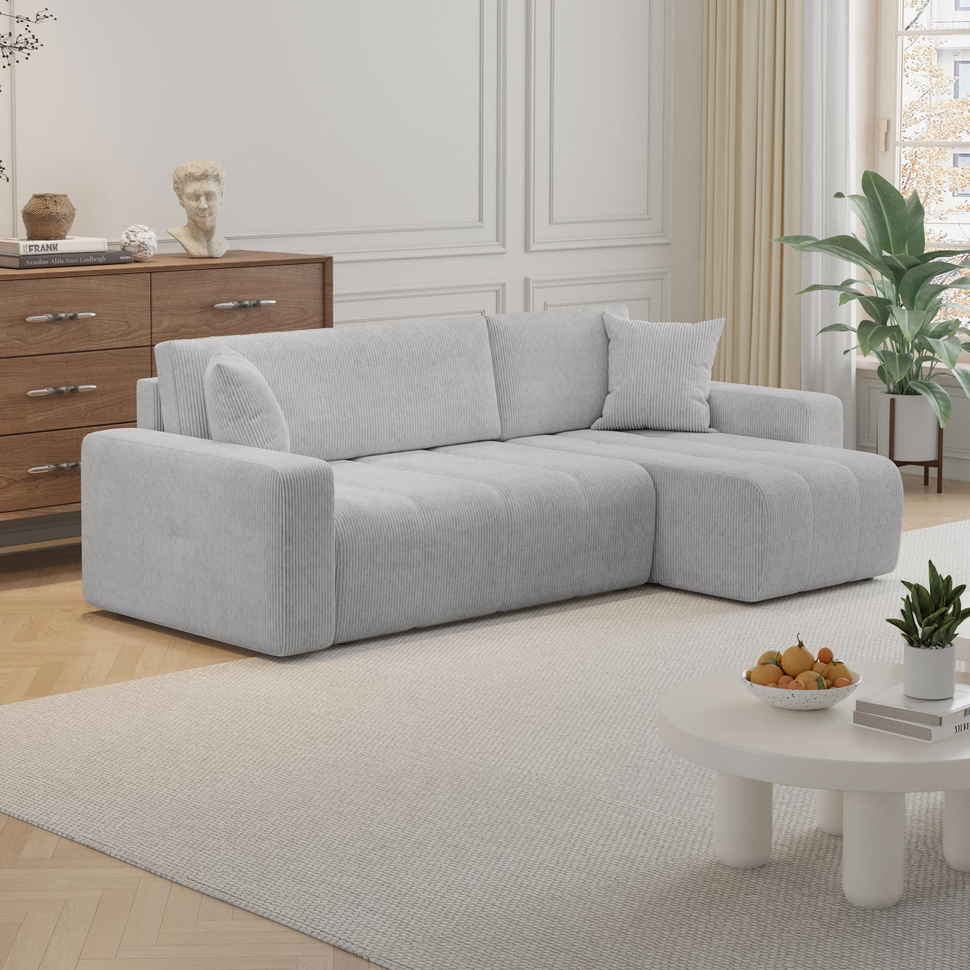 ALICIA MINI Canapé d'angle convertible et réversible avec coffre en velours côtelé gris clair