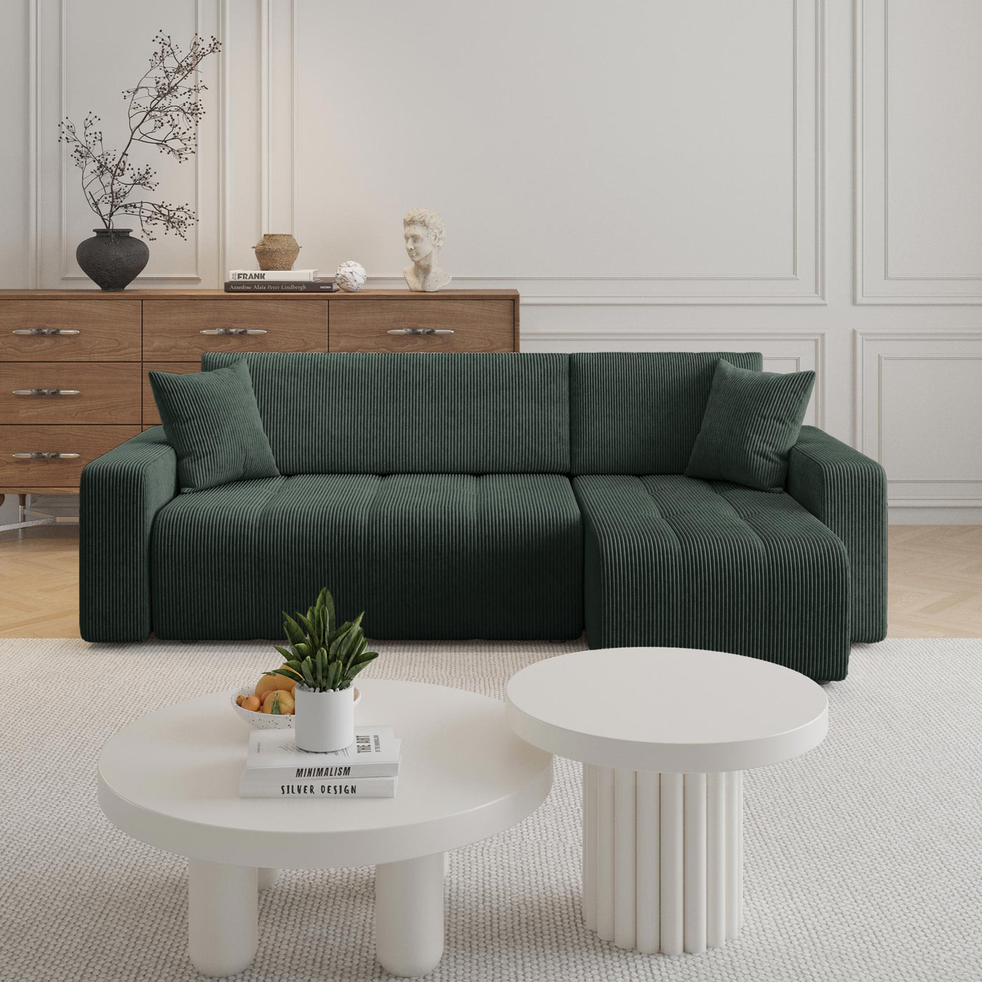 ALICIA MINI Canapé d'angle convertible et réversible avec coffre en velours côtelé vert