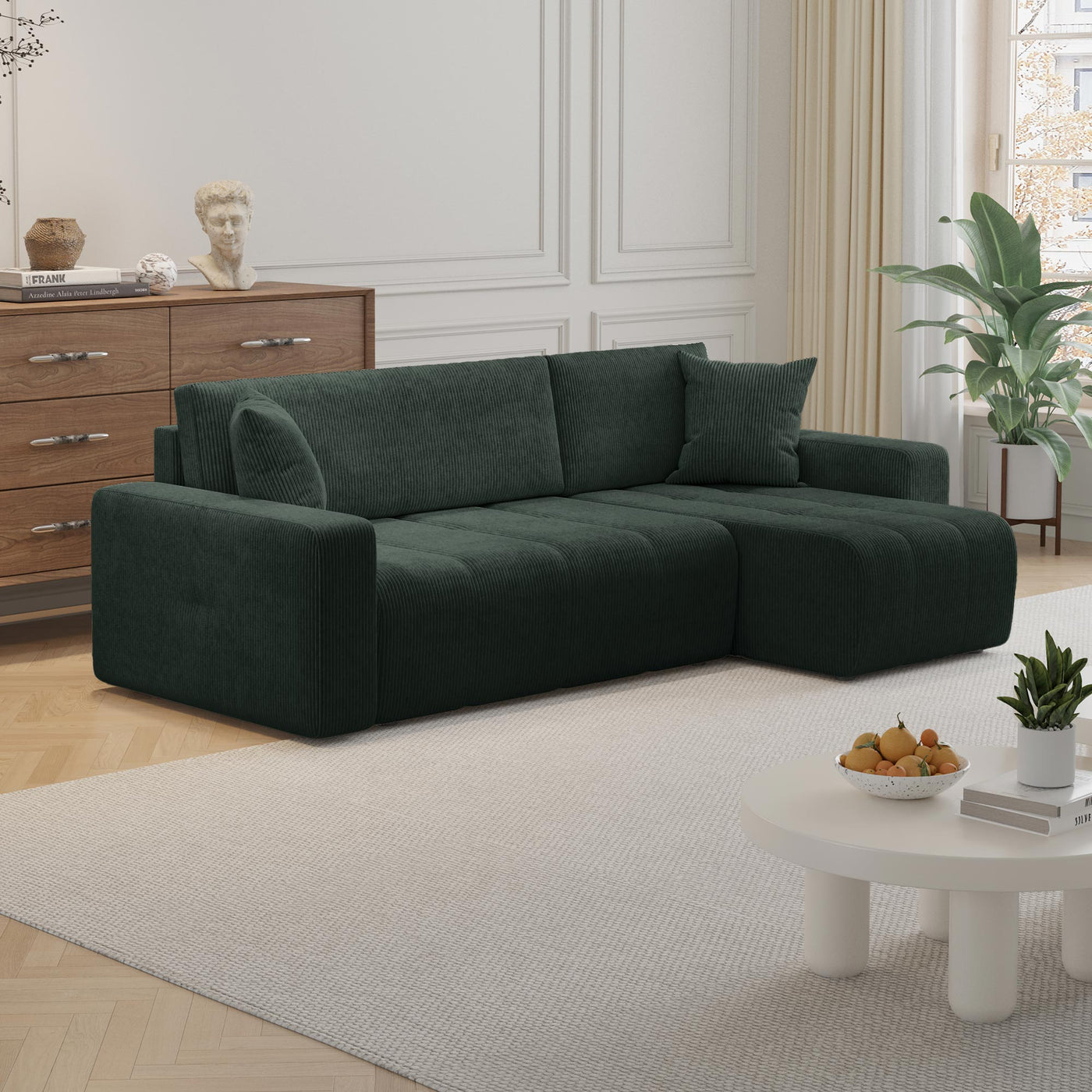 ALICIA MINI Canapé d'angle convertible et réversible avec coffre en velours côtelé vert
