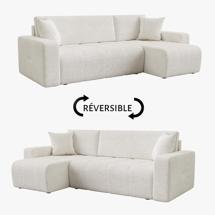 ALICIA MINI Canapé d'angle convertible et réversible avec coffre en velours côtelé beige