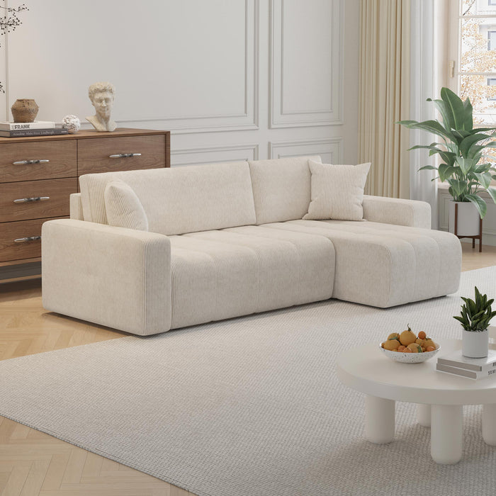 ALICIA MINI Canapé d'angle convertible et réversible avec coffre en velours côtelé beige