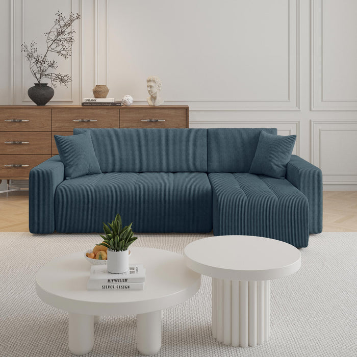 ALICIA MINI Canapé d'angle convertible et réversible avec coffre en velours côtelé bleu