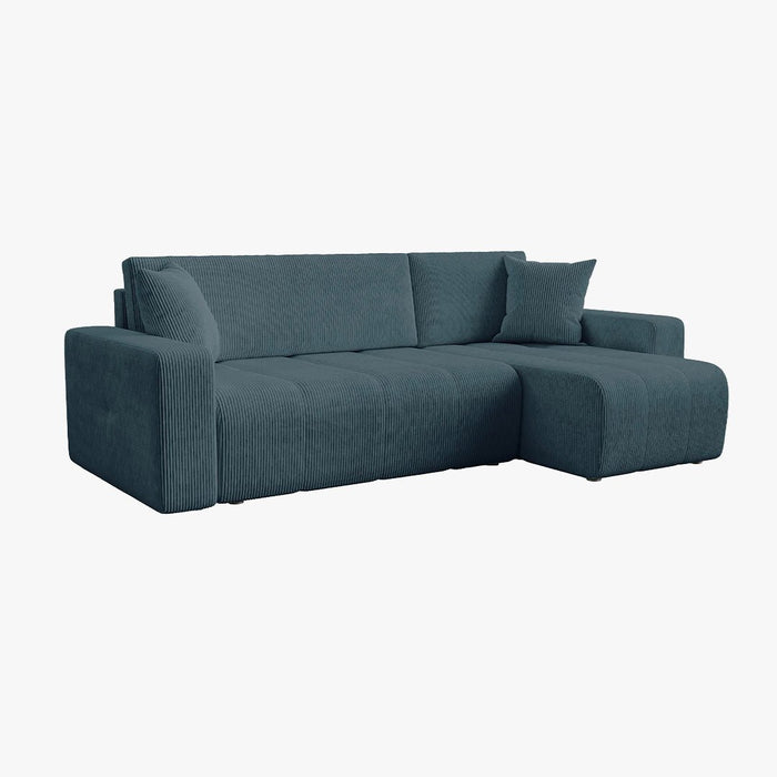 ALICIA MINI Canapé d'angle convertible et réversible avec coffre en velours côtelé bleu