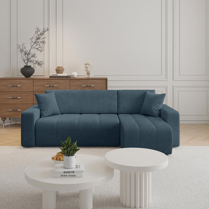ALICIA MINI Canapé d'angle convertible et réversible avec coffre en velours côtelé bleu