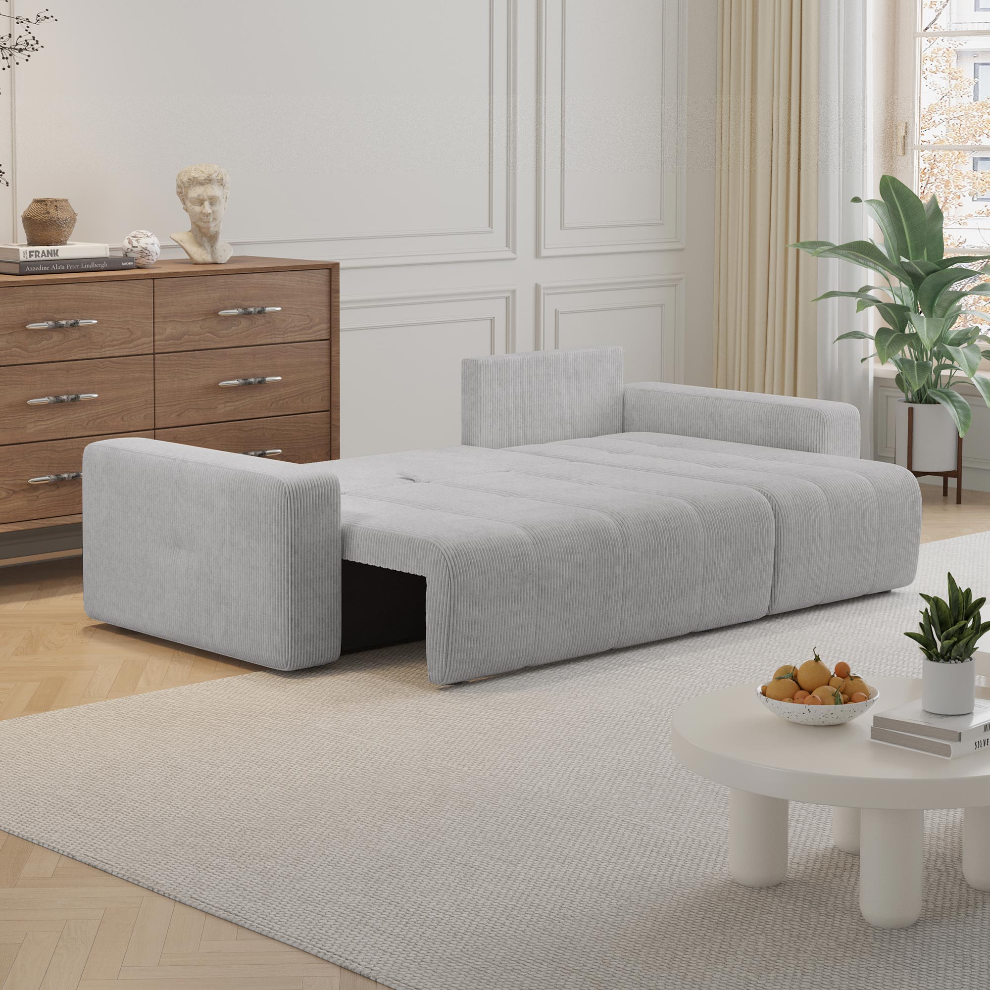 ALICIA MINI Canapé d'angle convertible et réversible avec coffre en velours côtelé gris clair - Canapé d'angle convertible
