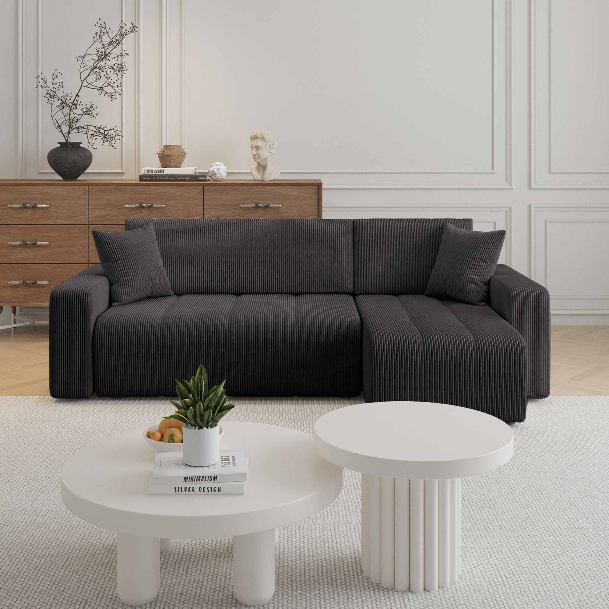 ALICIA MINI Canapé d'angle convertible et réversible avec coffre en velours côtelé gris foncé - Canapé d'angle convertible