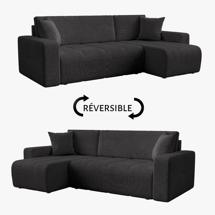 ALICIA MINI Canapé d'angle convertible et réversible avec coffre en velours côtelé gris foncé