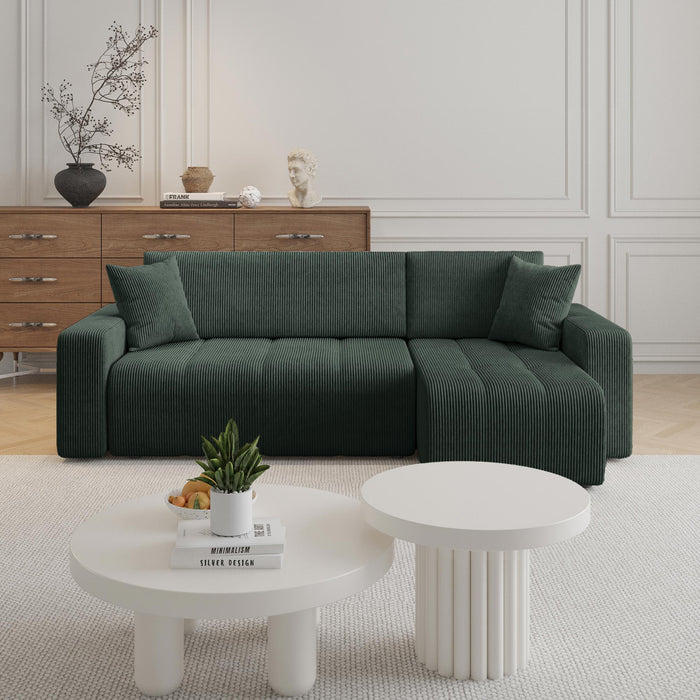 ALICIA MINI Canapé d'angle convertible et réversible avec coffre en velours côtelé vert