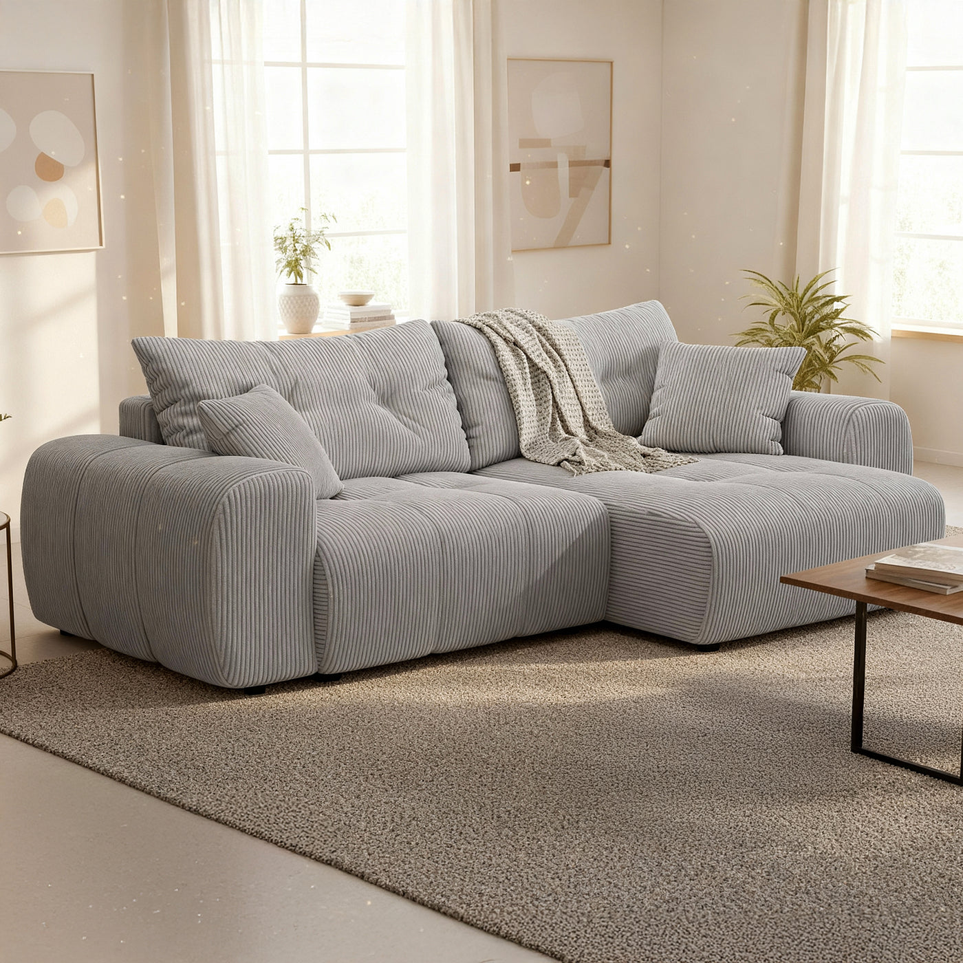 ALYA Canapé d'angle convertible et réversible avec coffre en velours côtelé gris clair