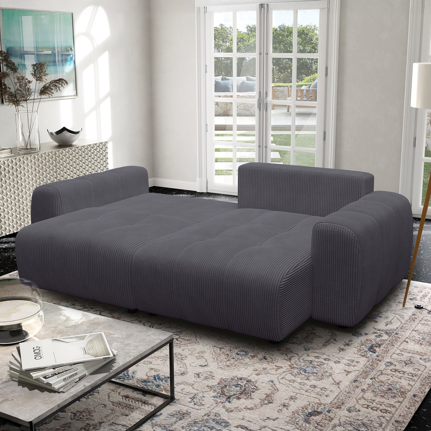 ALYA Canapé d'angle convertible et réversible avec coffre en velours côtelé gris foncé