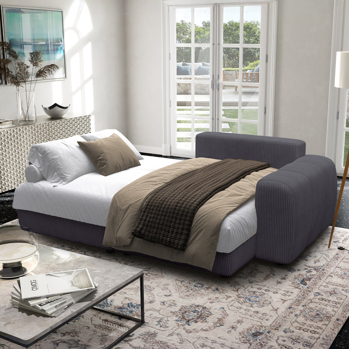 ALYA Canapé d'angle convertible et réversible avec coffre en velours côtelé gris foncé