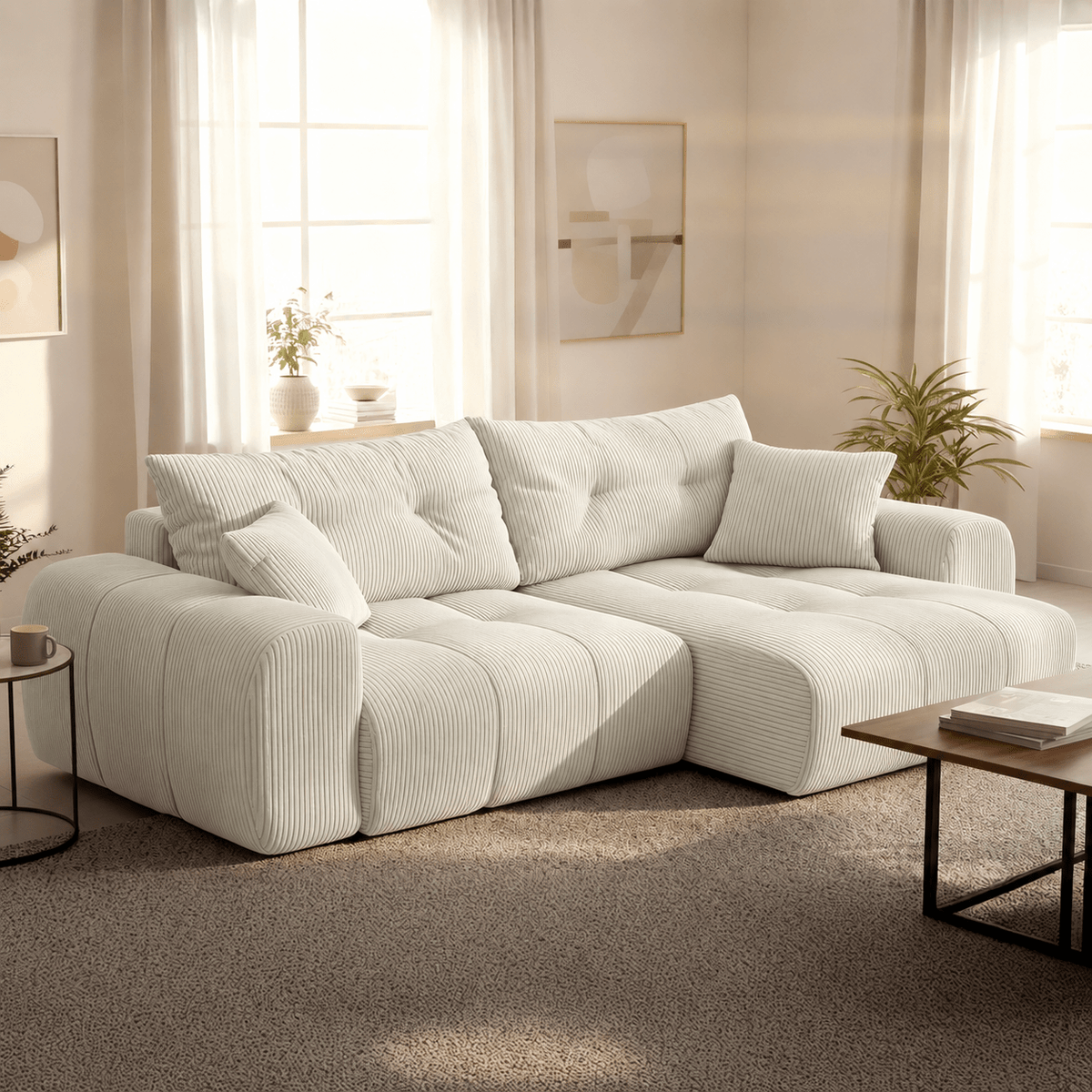 ALYA Canapé d'angle convertible et réversible avec coffre en velours côtelé beige - Canapé d'angle convertible - Mobilier Deco