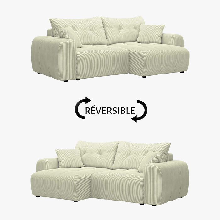 ALYA Canapé d'angle convertible et réversible avec coffre en velours côtelé beige