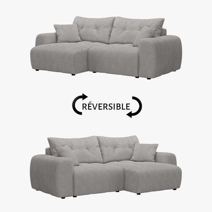 ALYA Canapé d'angle convertible et réversible avec coffre en velours côtelé gris clair