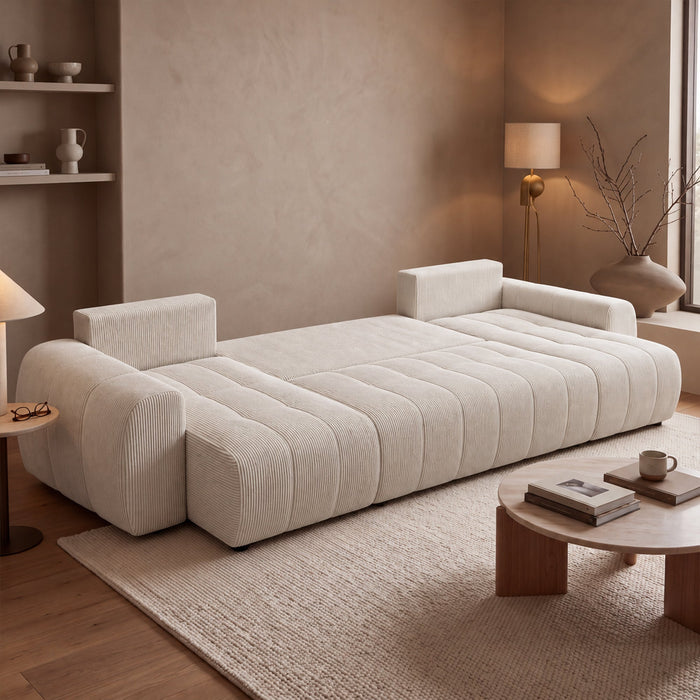 ALYA XL Canapé panoramique convertible avec coffre en velours côtelé beige – Canapés panoramiques – vue 2
