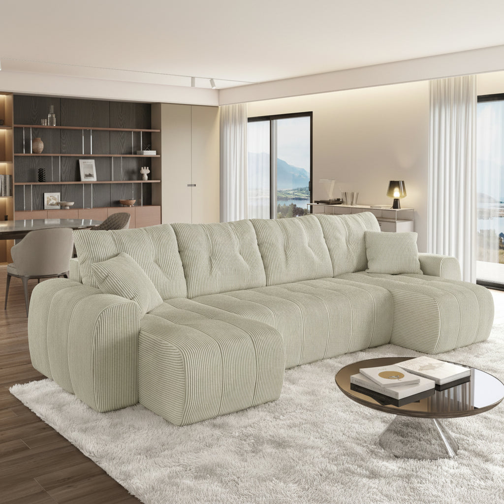 ALYA XL Canapé panoramique convertible avec coffre en velours côtelé beige