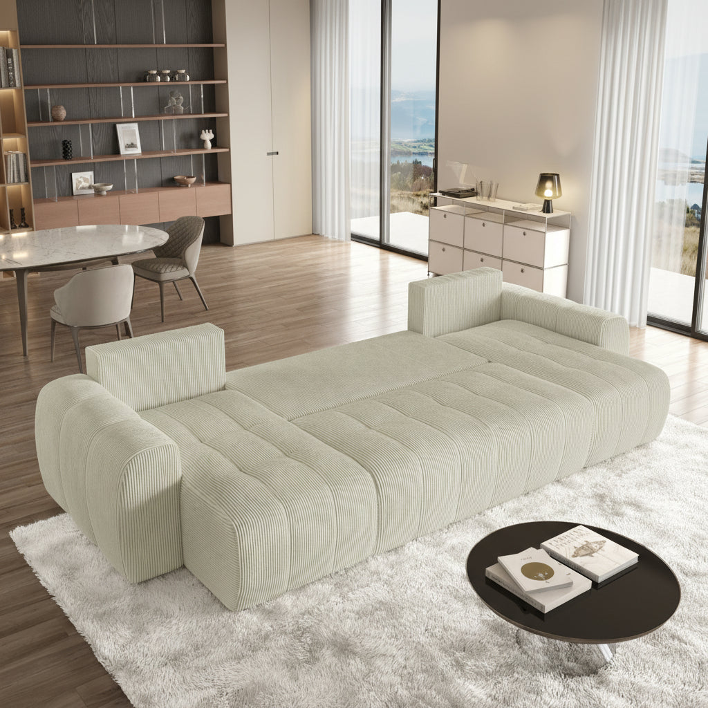 ALYA XL Canapé panoramique convertible avec coffre en velours côtelé beige