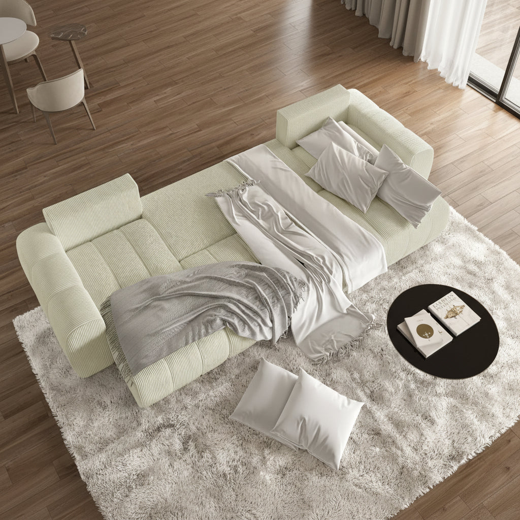 ALYA XL Canapé panoramique convertible avec coffre en velours côtelé beige