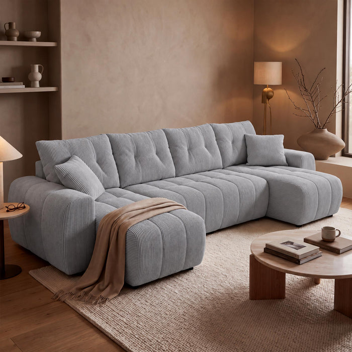 ALYA XL Canapé panoramique convertible avec coffre en velours côtelé gris clair – Canapés panoramiques Mobilier Deco