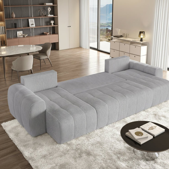 ALYA XL Canapé panoramique convertible avec coffre en velours côtelé gris clair