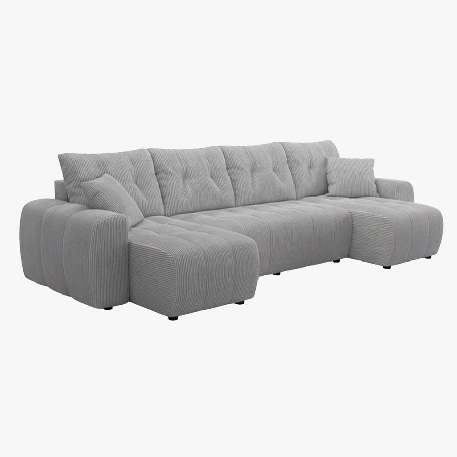 ALYA XL Canapé panoramique convertible avec coffre en velours côtelé gris clair — aperçu vidéo
