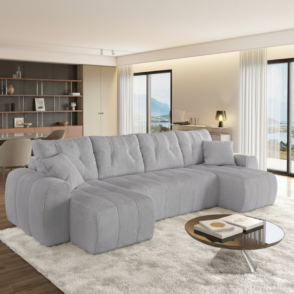 ALYA XL Canapé panoramique convertible avec coffre en velours côtelé gris clair