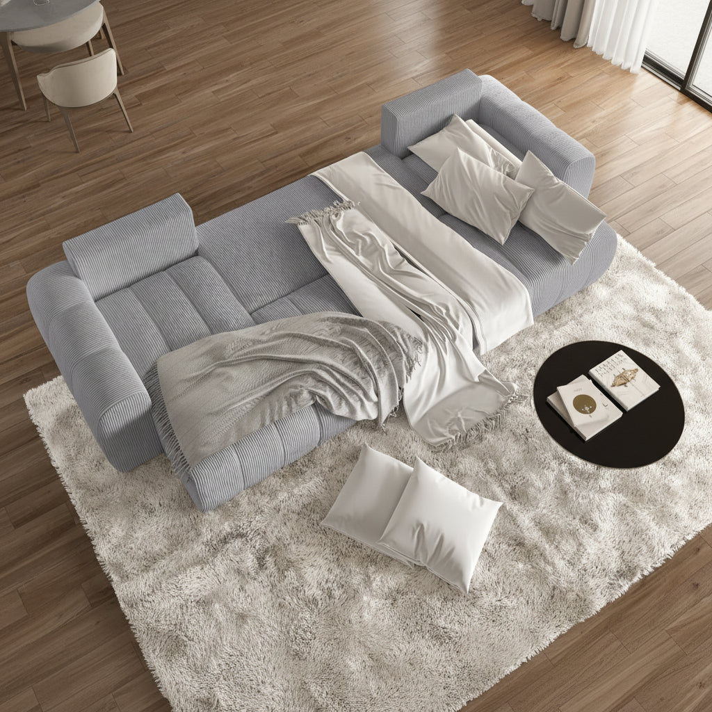 ALYA XL Canapé panoramique convertible avec coffre en velours côtelé gris clair