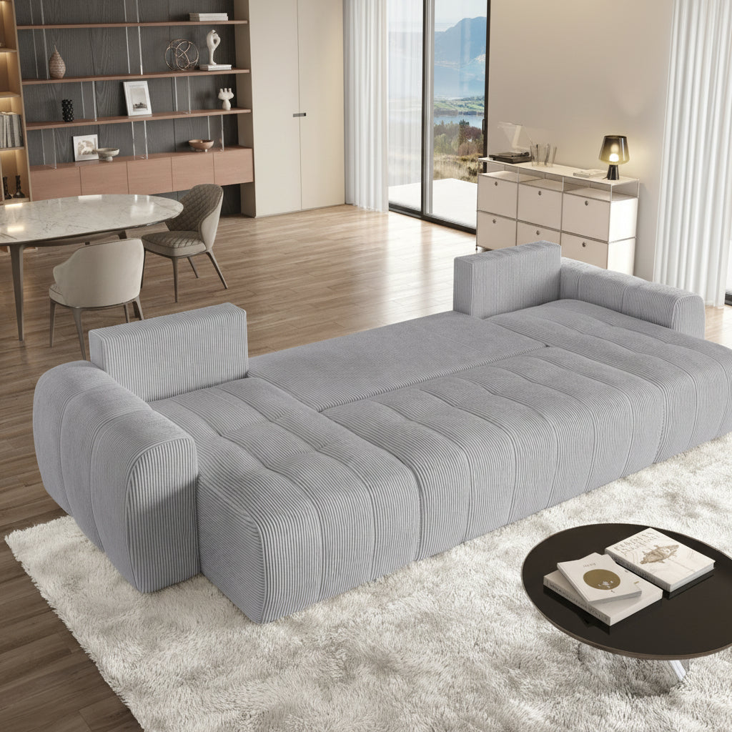ALYA XL Canapé panoramique convertible avec coffre en velours côtelé gris clair
